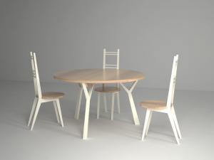 Tavolo tondo e sedie PI in noce e strutture laccate di colore bianco