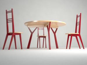 Tavolo e sedie PI  in betulla e strutture laccate di colore rosso