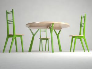 Tavolo tondo e sedie PI in noce e laccatura in verde